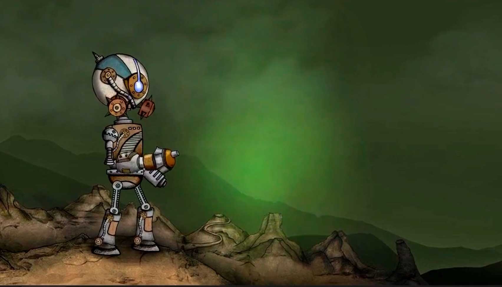 Hand-drawn Paperbot character standing in a layered mechanical landscape.